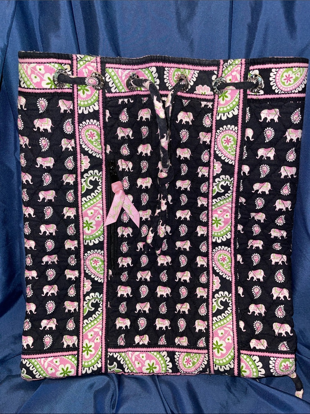 Vera Bradley Black Quilted Backpack with Pink and Green Elephant Print